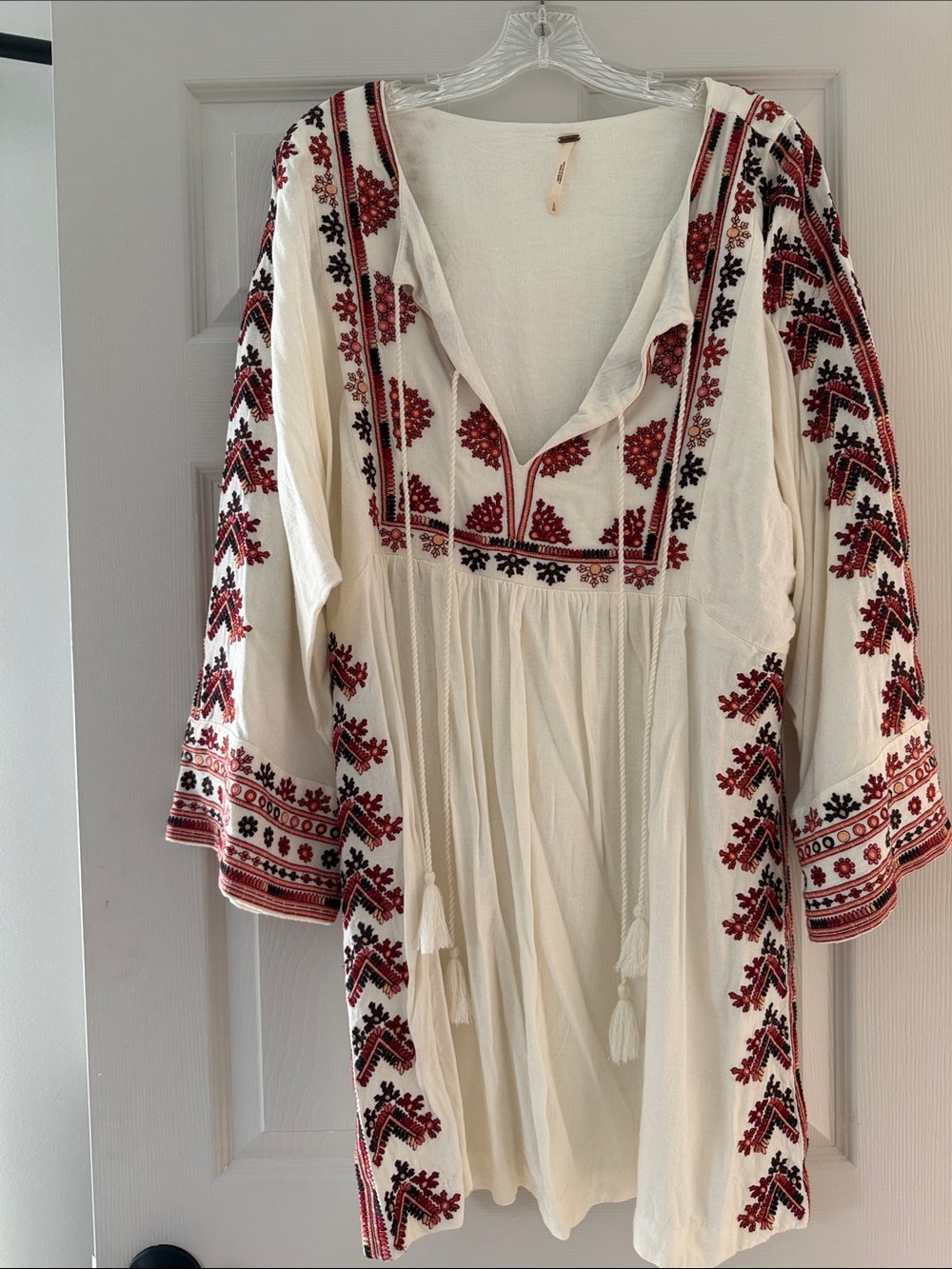Free People Cream Peasant Tunic with Red and Black Embroidery